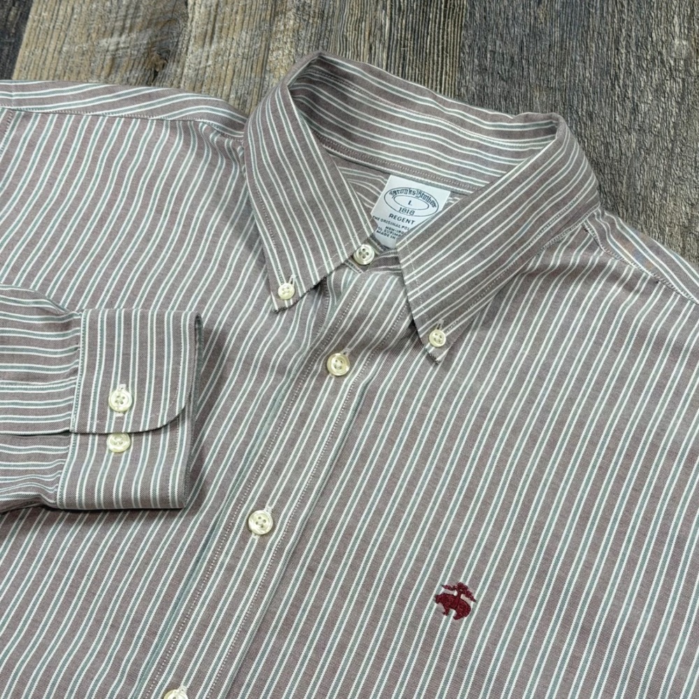 Brooks Brothers Oxford Shirt Mens Large Brown Red Stripe Regent Supima Cotton